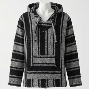 HUNT Mexican Baja Hoodie-Black & White Striped Hooded Poncho Size Unisex Large